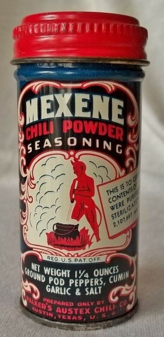 Vintage Mexene Chili Powder Spice Tin W/devil & Cauldron Graphics,  1 1/4 Oz. ,  14c
