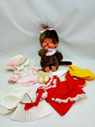 Vintage Monchhichi Baby Girl Doll 8 " Plush Stuffed Animal 1974 With Outfits Euc