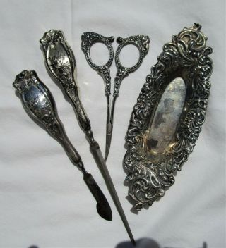 Antique Silver Plated Nail Set With Tray
