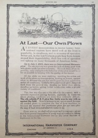 1919 Ad (xe14) International Harvester Co.  P & O Plow Line For First Time