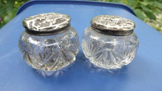 Pair Vintage Small Silver Top Glass Dressing Table Jars With Cherubs To Lid