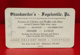 1950’s Shankweiler’s Hotel Restaurant Business Card Fogelsville,  Pa.  Chicken