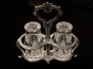 Vintage Silverplate Glass Salt & Pepper Shakers Condiment Caddy Antique Gift