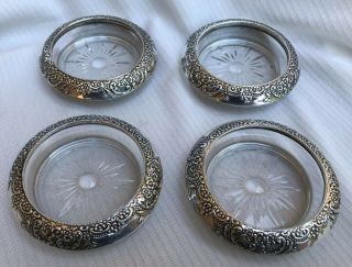 4 Vintage Frank M.  Whiting Sterling Silver Floral Repousse Coasters /ash Trays