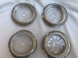 4 Vintage Frank M.  Whiting Sterling Silver Floral Repousse Coasters /Ash Trays 2