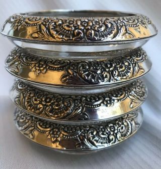 4 Vintage Frank M.  Whiting Sterling Silver Floral Repousse Coasters /Ash Trays 3