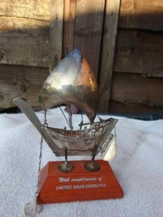 Vintage Solid Silver Model Of A Dhow Ship On Wood Stand A Gift From United Arab