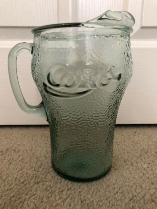 Vtg Coca - Cola Green Pebbled Glass Pitcher Coke 64 Oz Lemonade Ice Tea Retro
