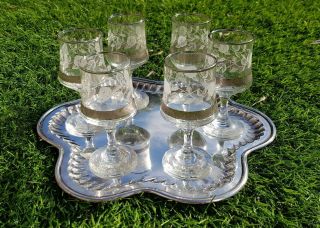 10 " Vintage Silver Plate Drinks Tray Drinking Set With 6 Glasses Drinks Party