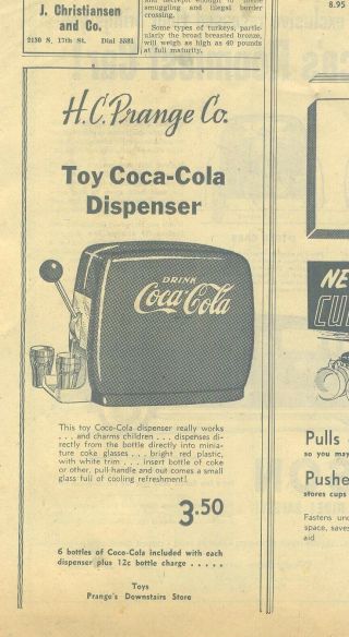 1950s H.  C.  Pranger Co.  Toy Coca - Cola Dispenser Newspaper Advertisement $3.  50