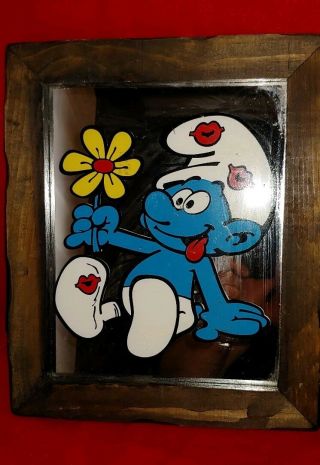 Vintage Mirror Smurf Holding Flower Daisy With Kisses Wood Frame