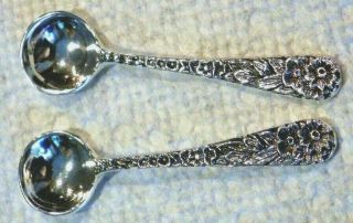 2 Antique Sterling Silver Floral Repousse Pattern Salt Spoons Cond