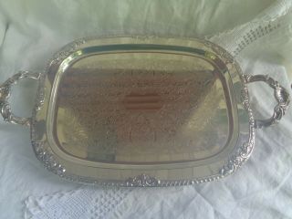 Vintage Large Heavy Ornate Silver Plate Footed Serving Tray With Handles