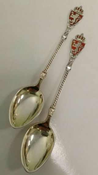 Set Of 2 Sterling Silver Gold Vermeil Enamel Lion Souvenir Spoons Signed Norway