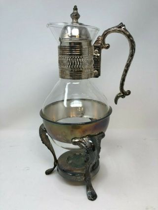 Vintage Corning Silver Plated Footed Glass Coffee Tea Carafe Pot & Warmer