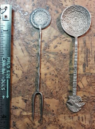 Vintage Mexico Sterling Spoon And Fork Aztec Mayan Calendar Eagle Snake