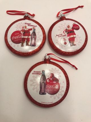 Coca Cola Christmas Ornaments Set Of 3 Santa Claus Sparkle Red Collectibles