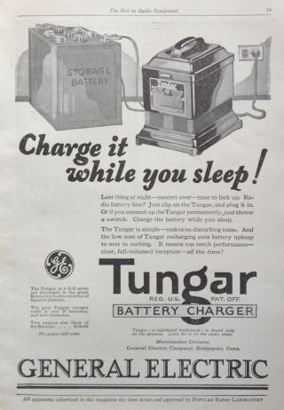 1925 Ad (k1) General Electric Co.  Bridgeport,  Conn.  Tungar Radio Battery Charger