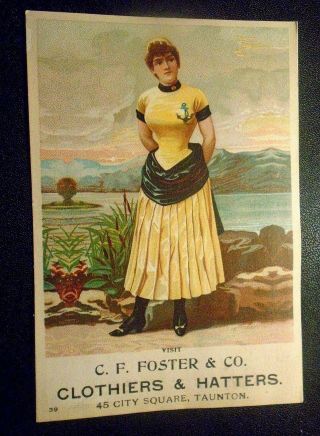 Graphic Victorian Trade Card Advertising C F Foster Clothier Hatter