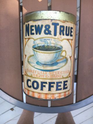 Very Rare Antique Coffee Tin Can & And True Brand Coffee 1 Lb Paper Label