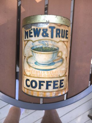 VERY RARE Antique Coffee Tin Can & AND TRUE BRAND COFFEE 1 lb paper label 2