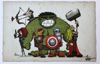 Mike Kunkel Rare Avengers Fine Art Color Print Signed 8 1/2 X 14 Marvel Last Two