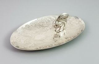 Vintage Silver Plate Oval Candy Snack Nut Dish Figural Squirrel Handle Chased