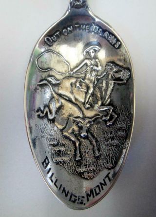 Antique Sterling Silver Souvenir Spoon,  Cowboy Roping A Steer,  Billings Montana.