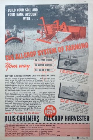 1938 Ad (xa25) Allis - Chalmers Tractor Division,  All - Crop Harvester
