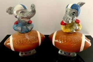 Antique Jim Beam Whiskey Decanter Bottle Donkey Elephant Political Football Set
