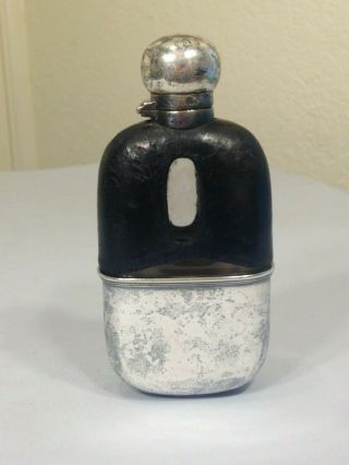 Antque English James Dixon & Sons Silverplate Leather Glass Whisky Flask & Cup