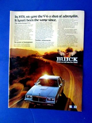 1978 Buick Regal Sport Coupe Turbo Print Ad 8.  5 X 11 "
