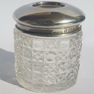 Edwardian Solid Silver Lidded Cut Class Jar Dressing Table Hair Tidy
