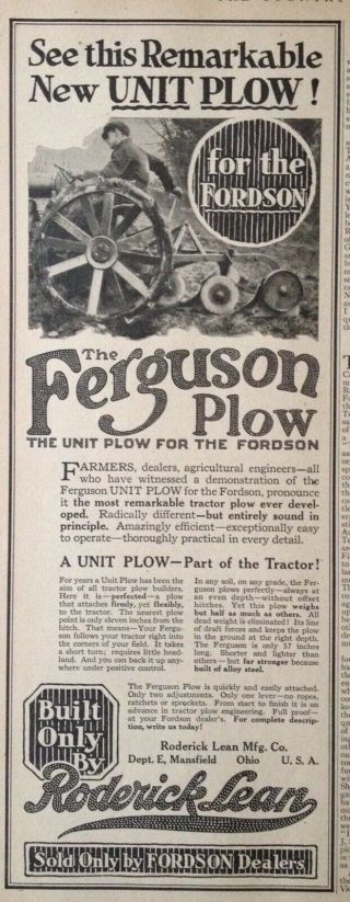 1923 Ad.  (xd25) Roderick Lean Mfg.  Co.  Mansfield,  Ohio.  Ferguson Plow For Fordson