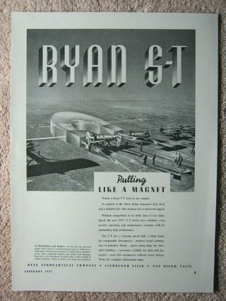 Vintage 1937 Ryan S - T Sport Trainer Aircraft Airplane Like A Magnet Print Ad