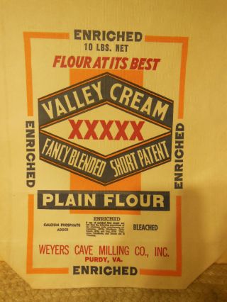 Vintage Valley Cream 10 Lb.  Plain Flour Sack Weyers Cave Milling Co.  Purdy,  Va.