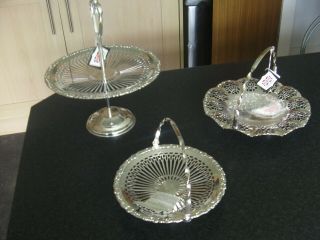 2 Vintage Silver Plated Queen Anne Handled Cake Baskets,  Cake Stand,  Tags