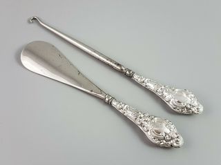 Antique Chester Sterling Silver 2 Button Hook Shoe Horn Embossed Nathan & Hayes