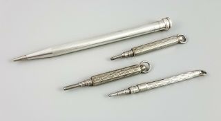 Antique Sterling Silver Set 4 Propelling Pencil Mechanical Life - Long Engine Turn