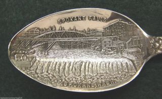 Sterling Souvenir Spoon Spokane,  Wa Spokane Falls Illustrated In Bowl