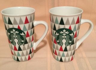 Starbucks 16 Oz Coffee Holiday Trees Coffee Tea Mug Glass Cup Set (2) Argyle
