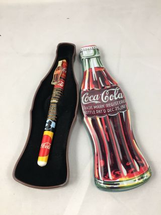1996 Coca Cola Bottle Shaped Tin With Coca Cola Ink Pen Collectible