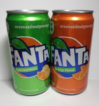 2 Fanta Empty Cans Fruit Punch & Orange Flavor Cambodia Khmer 250ml Open Bottom