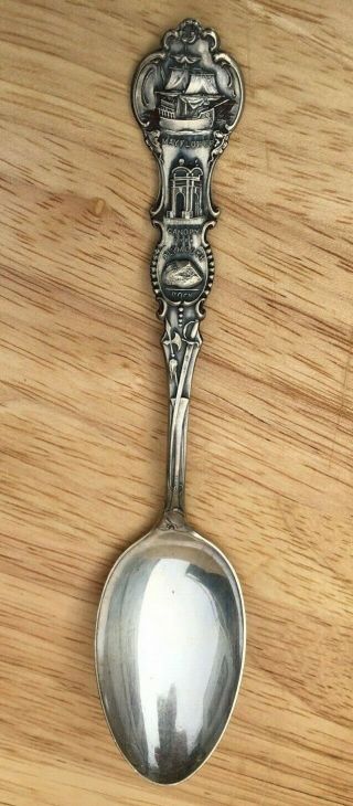 Antique Sterling Silver Souvenir Spoon Mayflower Plymouth Rock 1620 Detail