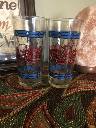 Vintage Pepsi Cola 2 Tiffany Style Stained Glass Retro Drinking Glasses 12 Oz