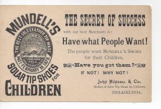 1895 Usa Postal Card Philadelphia To Pottstown " Solar Tip Shoes " For Children Ad