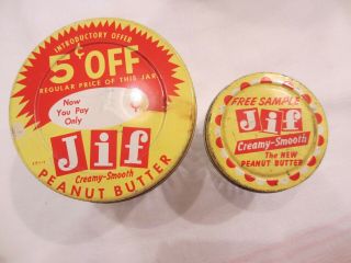 Two Vintage Jif Peanut Butter Jars - 1 Small Sample Jar And 1 Cup Size Jar