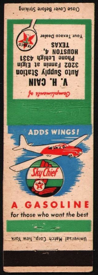 Vintage Matchbook Cover Texaco Sky Chief Gas Oil Airplane V H Cain Houston Texas