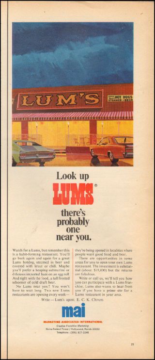 1967 Vintage Ad For Lums Restaurant`retro Art Cars Red Food (071018)