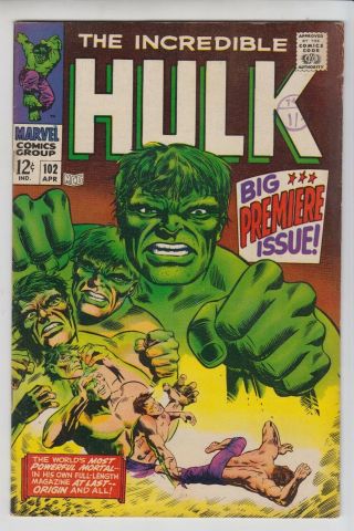 The Incredible Hulk 102 Vf Origin And Premier Issue Cents 1968